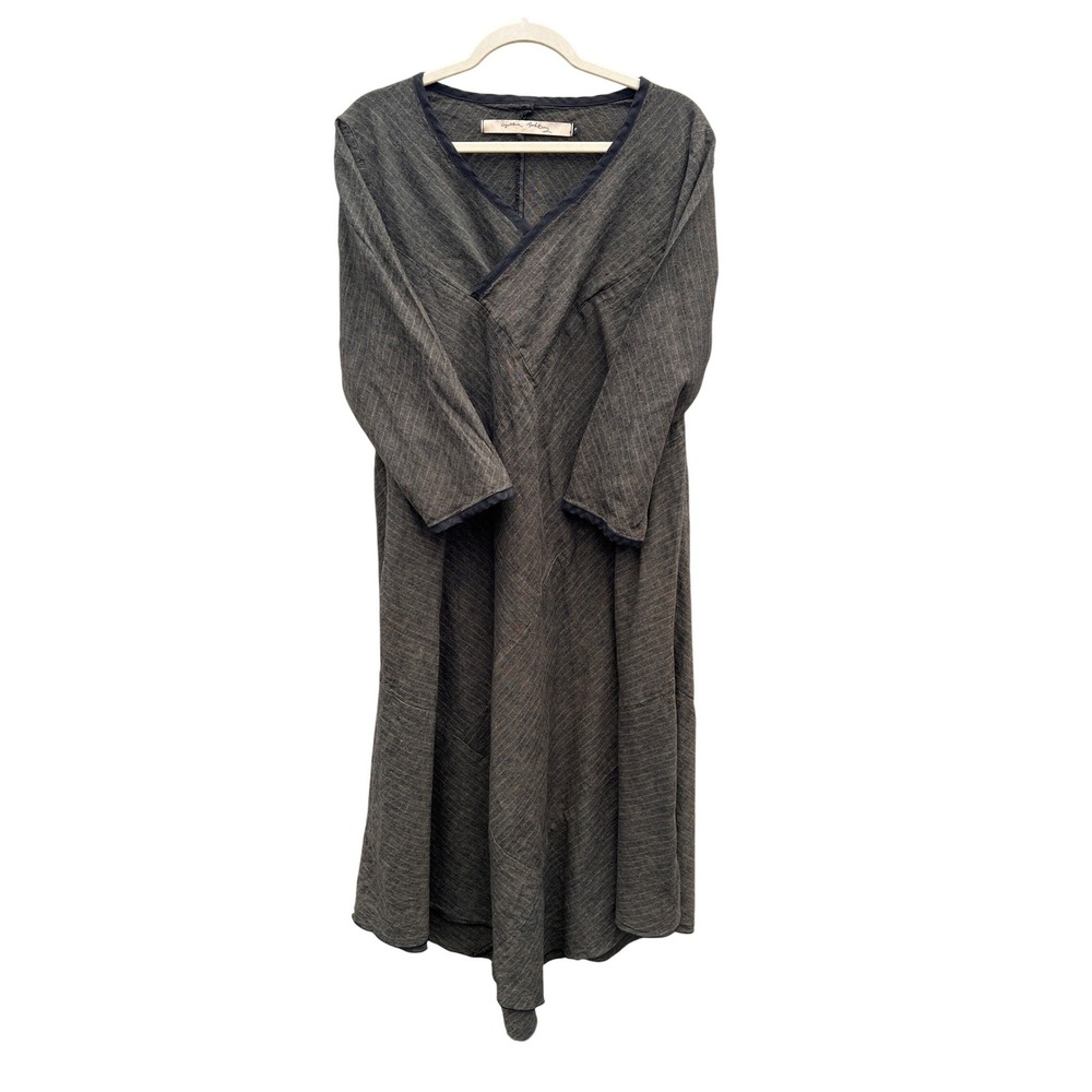 Cynthia Ashby Grey Striped‎ V-Neck Midi Dress Size S Academia Quiet Luxury